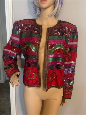 Laurence Kazar Vintage  Multicolor Sequined Jacket - Red, Green & Purple